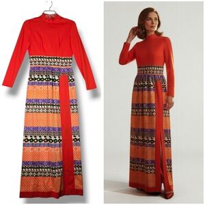 Vintage 70s Leslie Fay Original Orange Geometric Print Maxi Dress Size XS